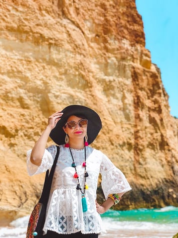 Muslim blogger wearing white shirt and black hat on beach