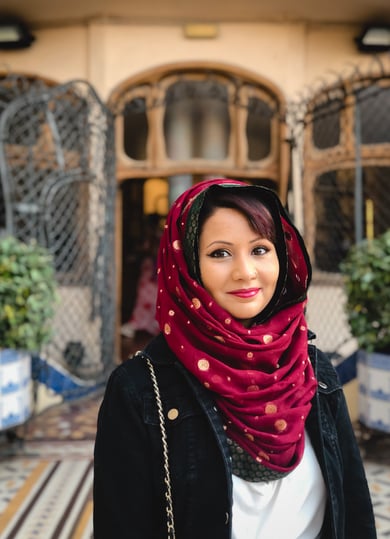 Hijabi blogger portrait at Casa Batllo courtyard