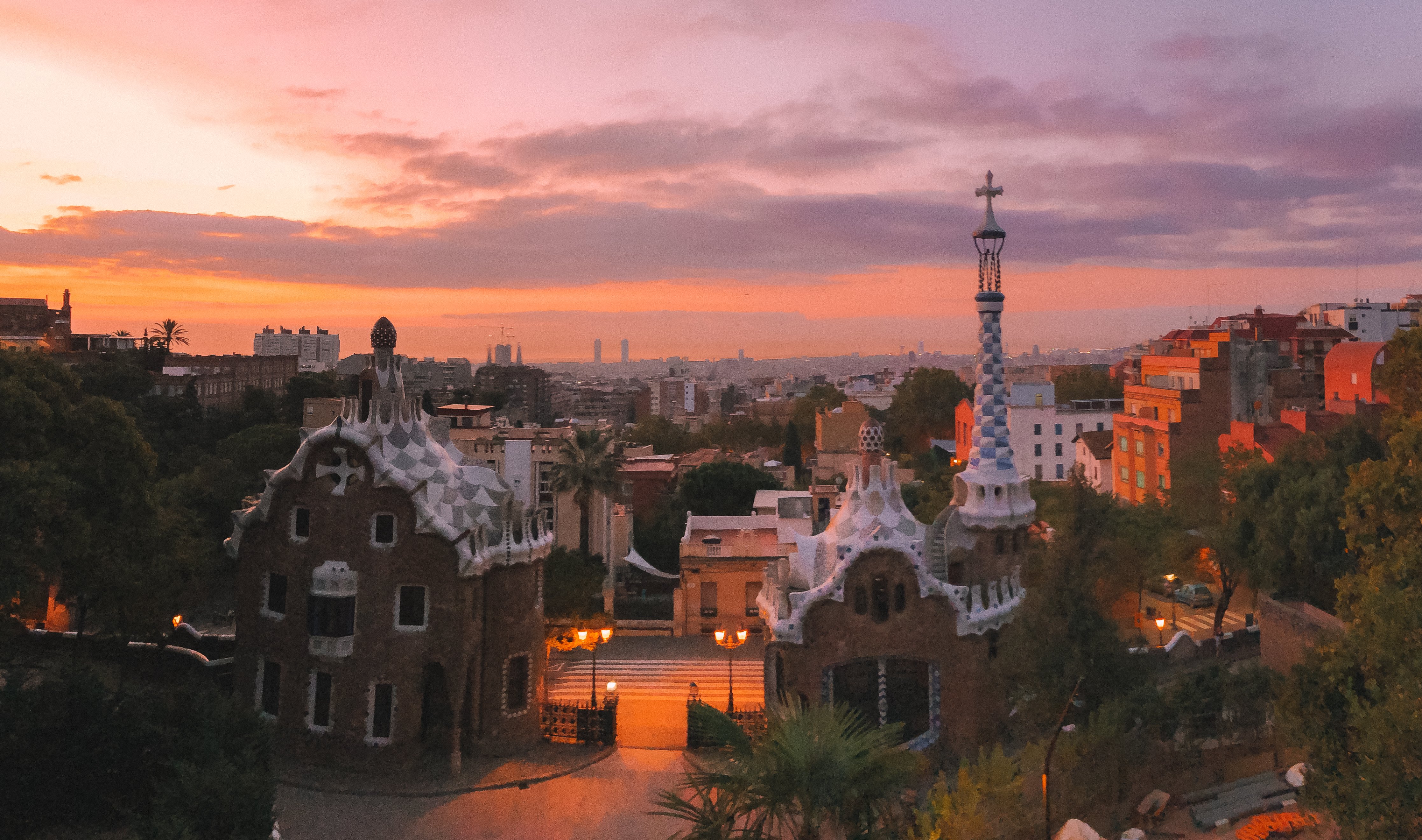 Red and pink sunrise at Park Guell