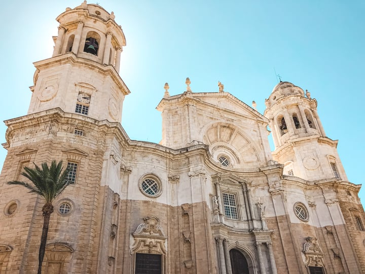 Cadiz cathedral architecture with two bell towers on each side
