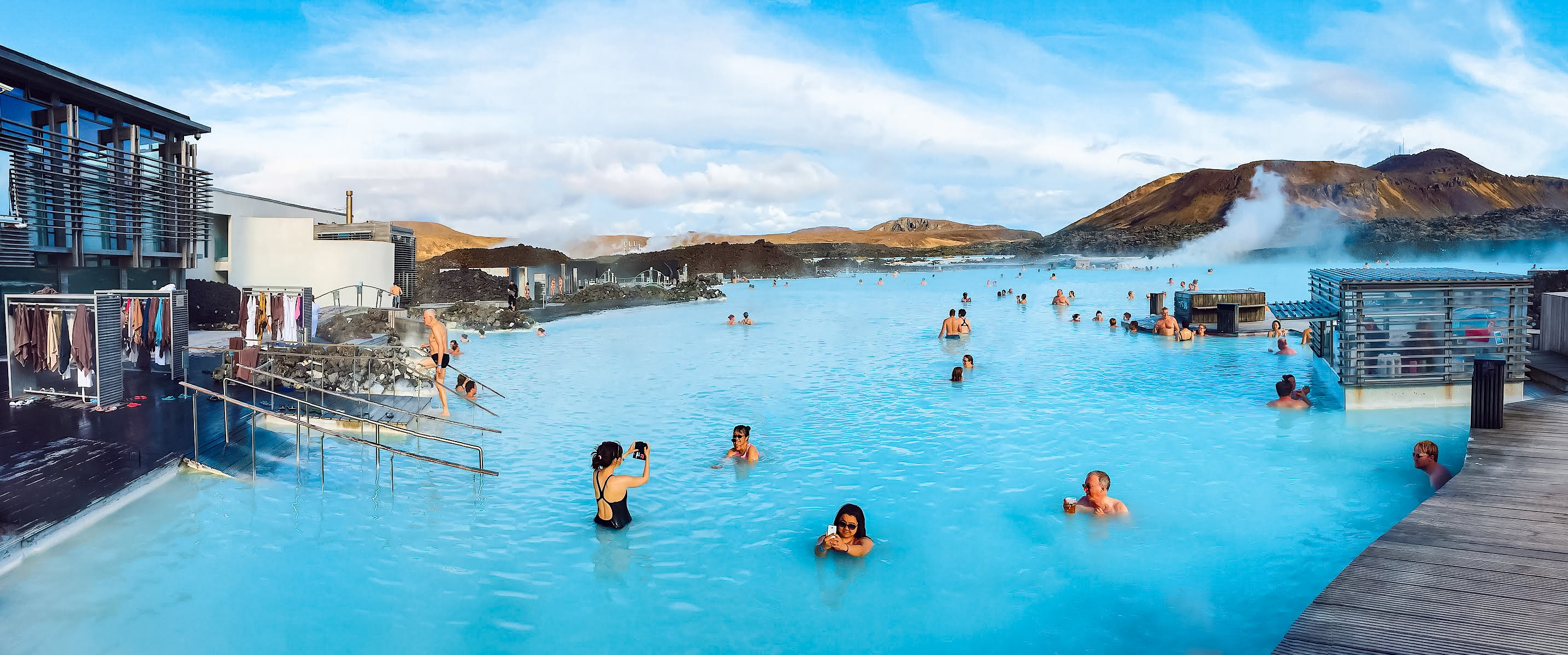 Panoramic view of people swimming in Blue Lagoon