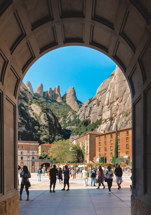 View of Montserrat mountains from monastery entrance