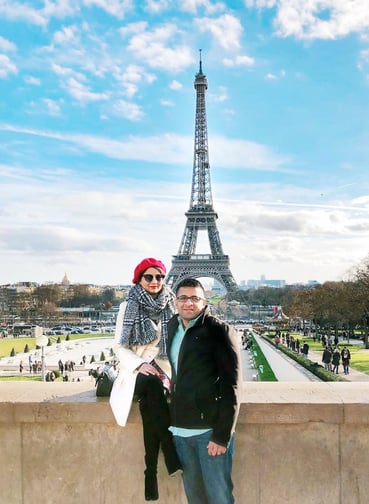 Muslin couple with Eiffel Tower and blue sky