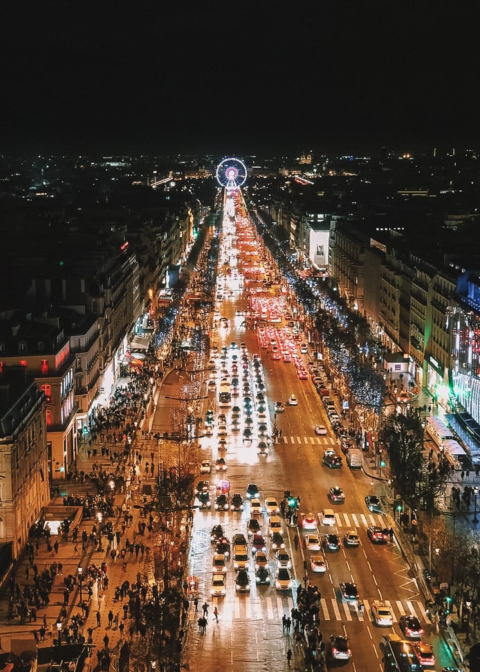 Champs-Elysees lit up at night in Paris