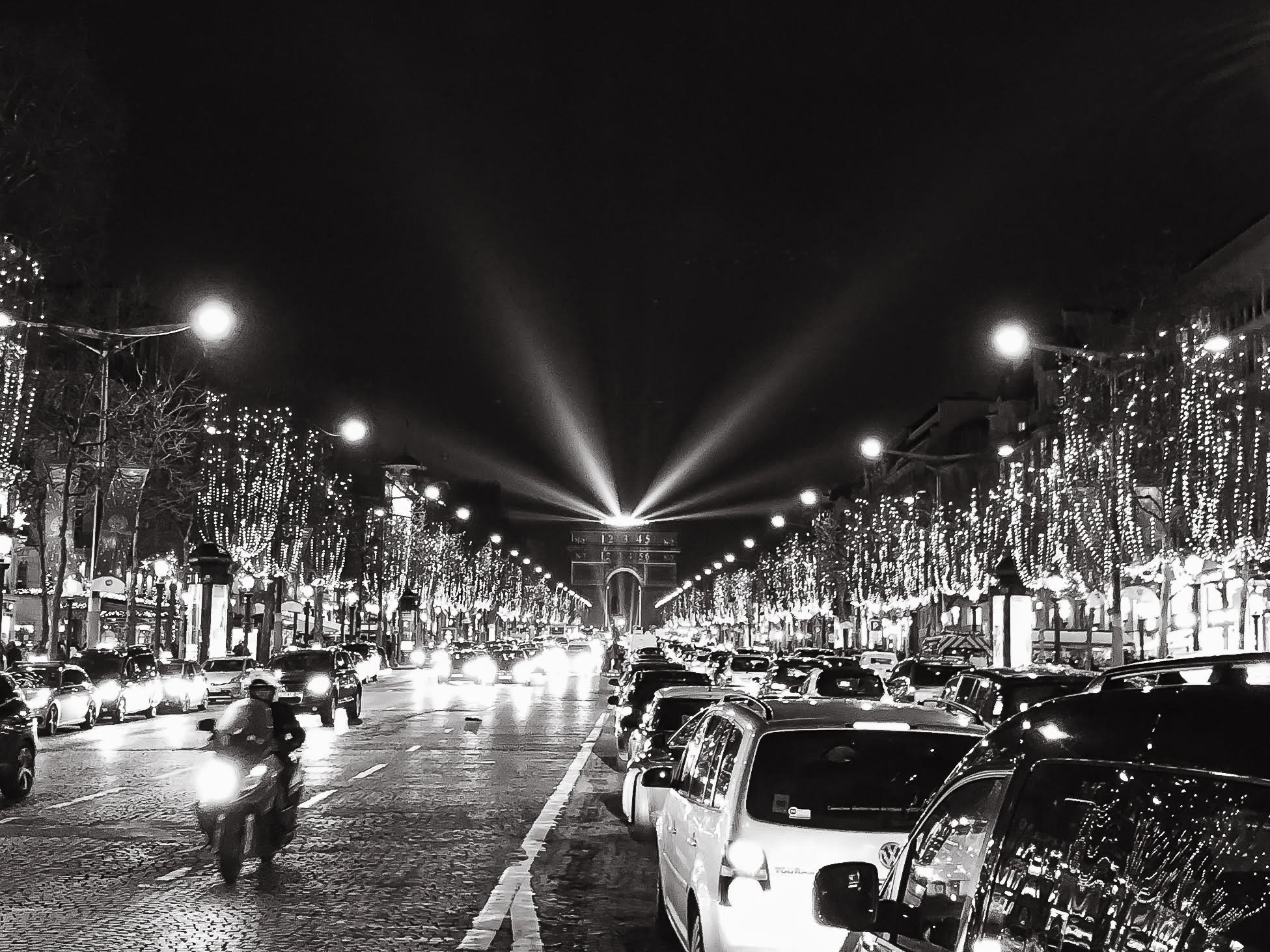 Black and white lights on Champs-Elysees in Paris