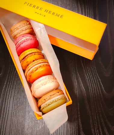 Halal macrons in orange Pierre Herme box