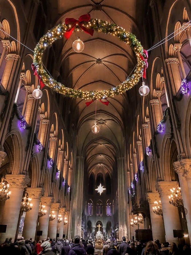 Christmas decorations inside Notre-Dame in Paris