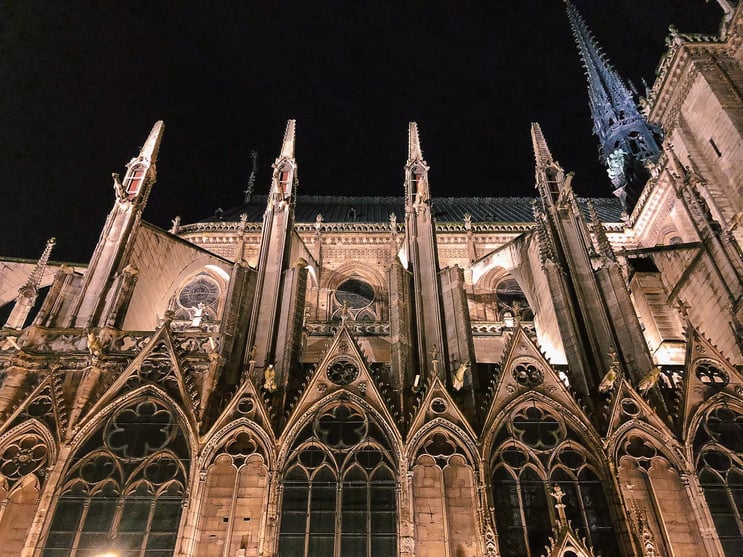 Gargoyles and blue spire of Notre-Dame in Paris