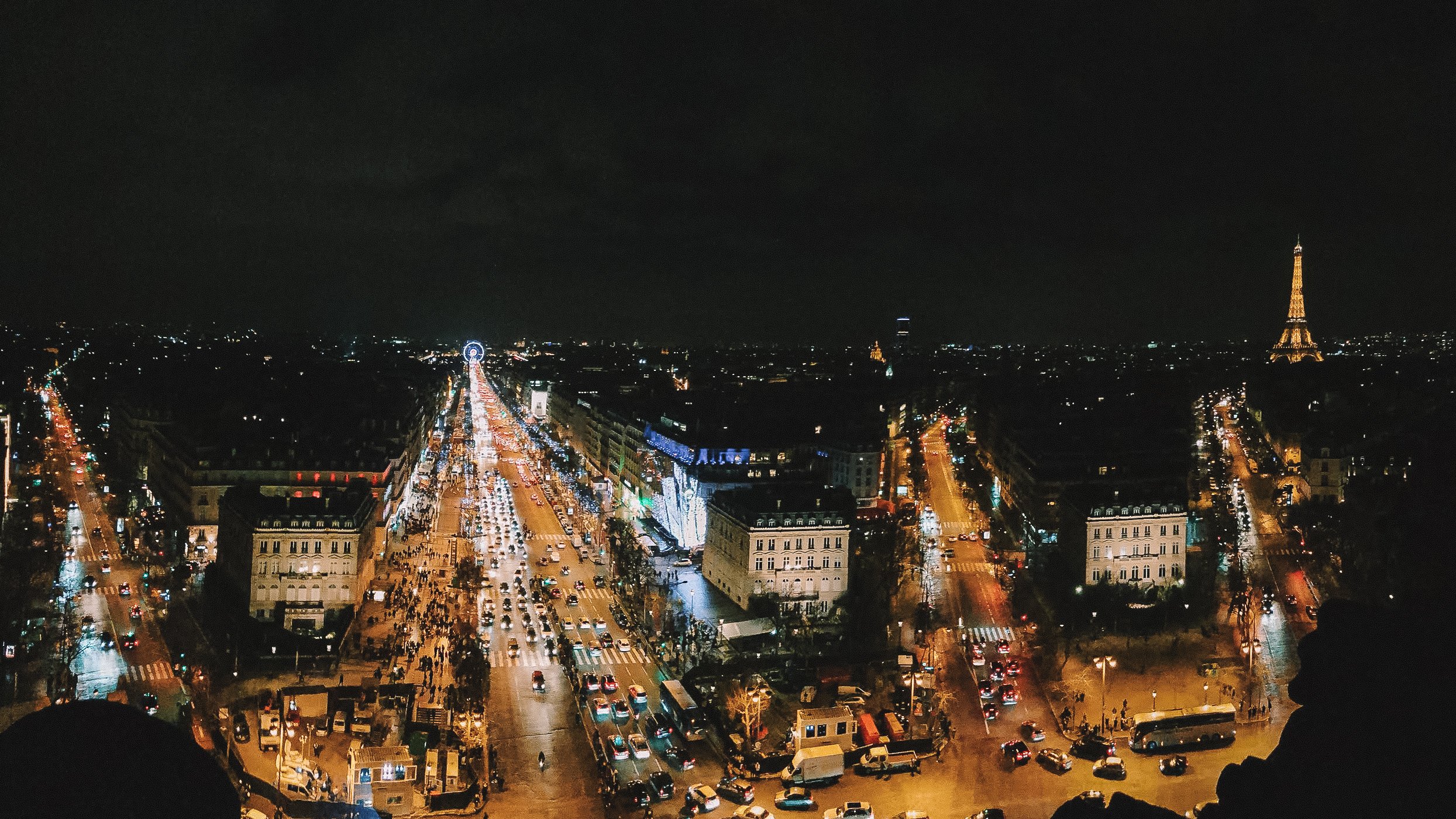 Panoramic view of Paris from Arc de Triomphe at night