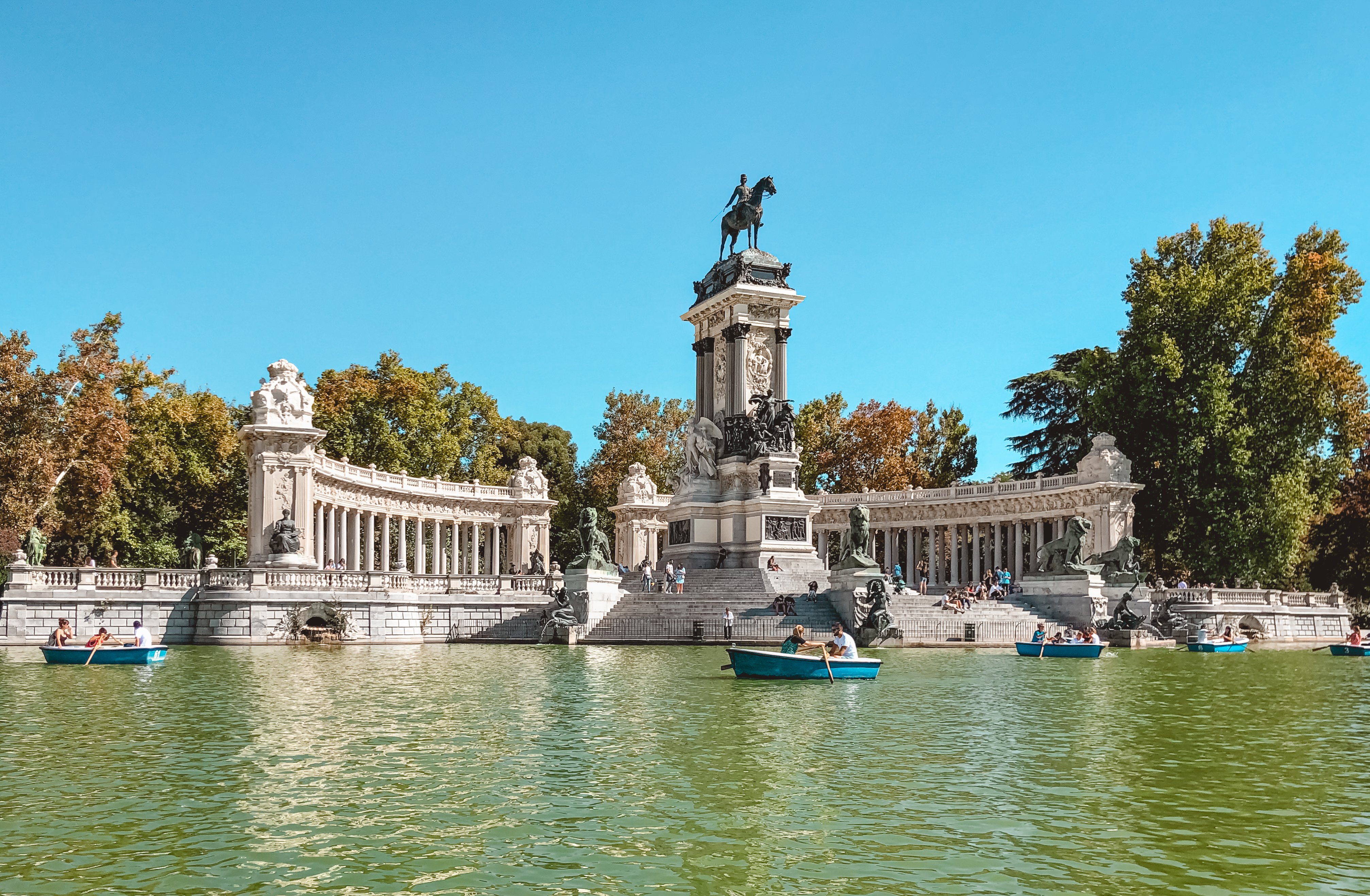 El Retiro Park lake with row boats Madrid